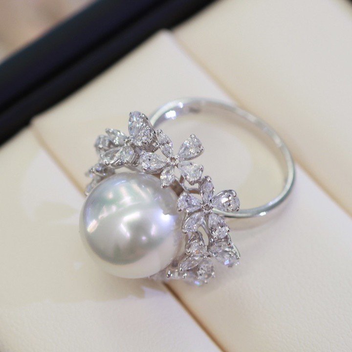 Pt900 Accessories Luxury Small Flower Ring Setting White Zircon Ring Set with 12-13mm Pearls Without Beads