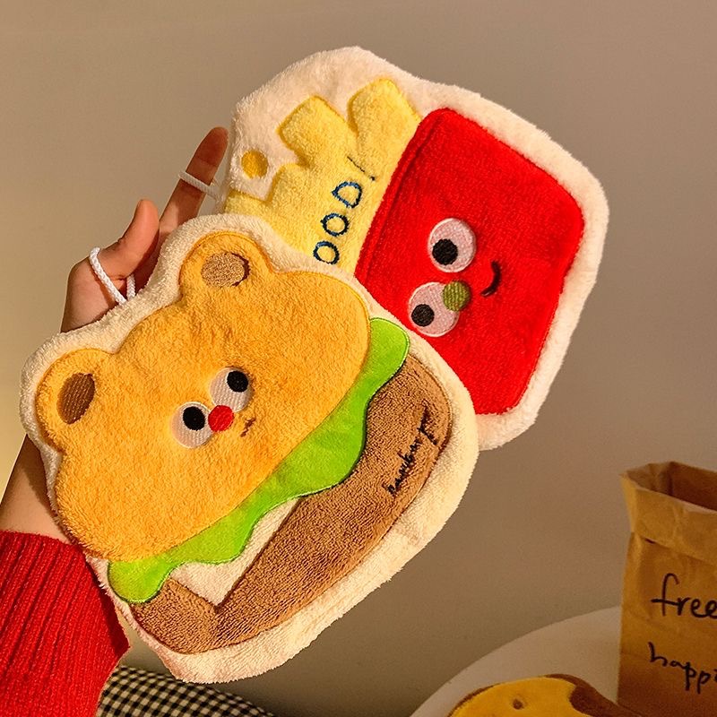 Cute French Fries Wipe Hand Towel Hanging Handkerchief Rag Toilet Kitchen Hanging Towel Cartoon Burger Bear Thickened