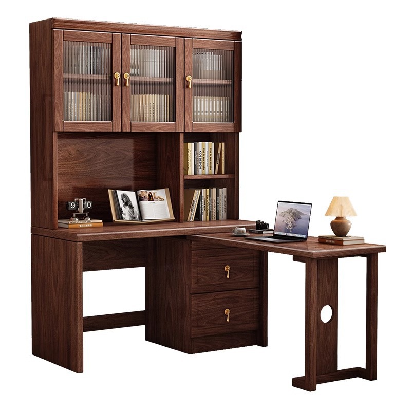 New Chinese Style Desk Bookshelf Integrated Table Bookcase Modern Simple Corner Solid Wood Corner Black Walnut Desk Writing Desk