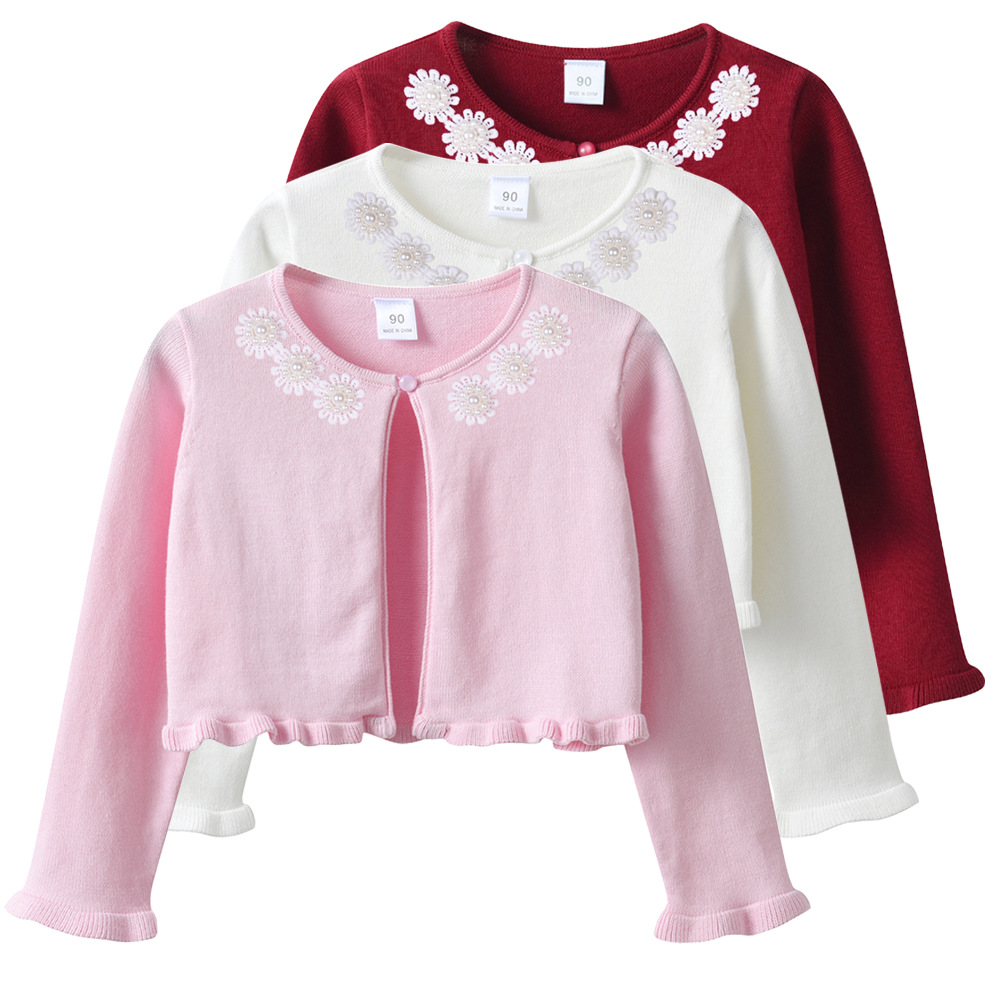 Кросс-бордерный вязаный кардиган для девочек с цветочным бисером, детский маленький шаль с платьем, оптовая продажа