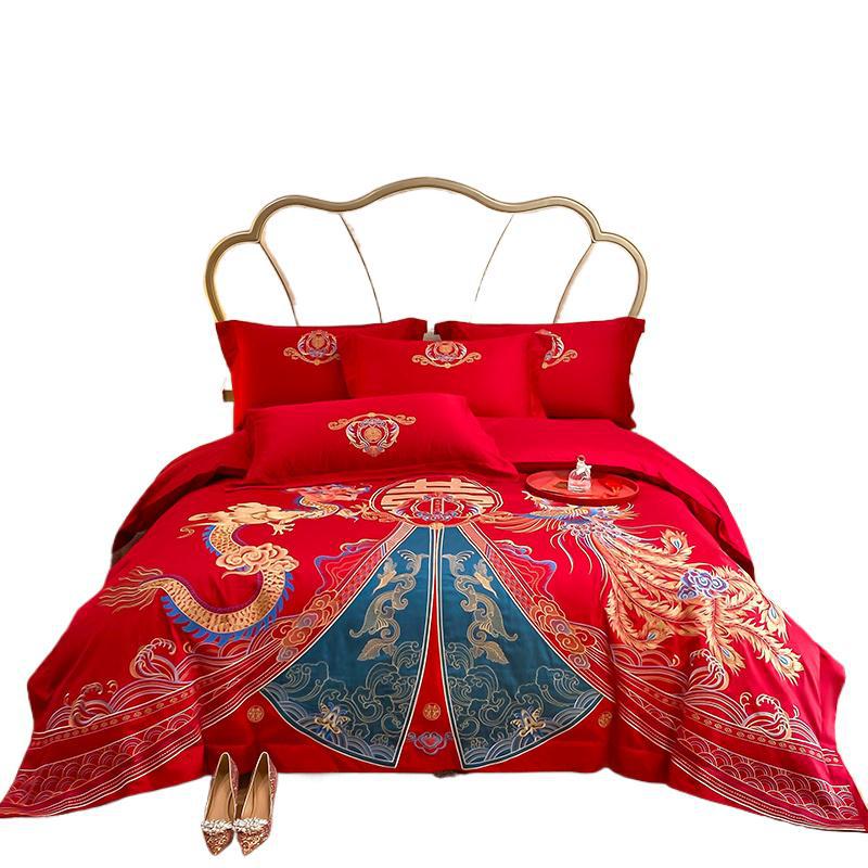 New Chinese-style Sanding Wedding Room Embroidery Dragon and Phoenix Four-piece Set Red Wedding Accompanying Wedding Wedding Wedding Cry Bedding