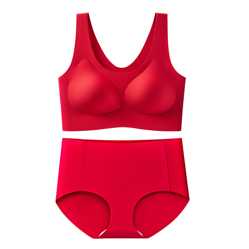 Benmingnian Big Red Traceless Bra Underwear Underwear suit Women's Bra without Steel Ring Gathering Comfortable Wedding New Year Bra
