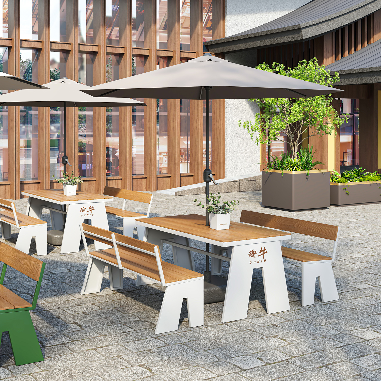 Outdoor Leisure Table and Chair Combination with Umbrella in Scenic Park, Municipal Square Reception Center, Commercial Outdoor Dining Table and Chairs