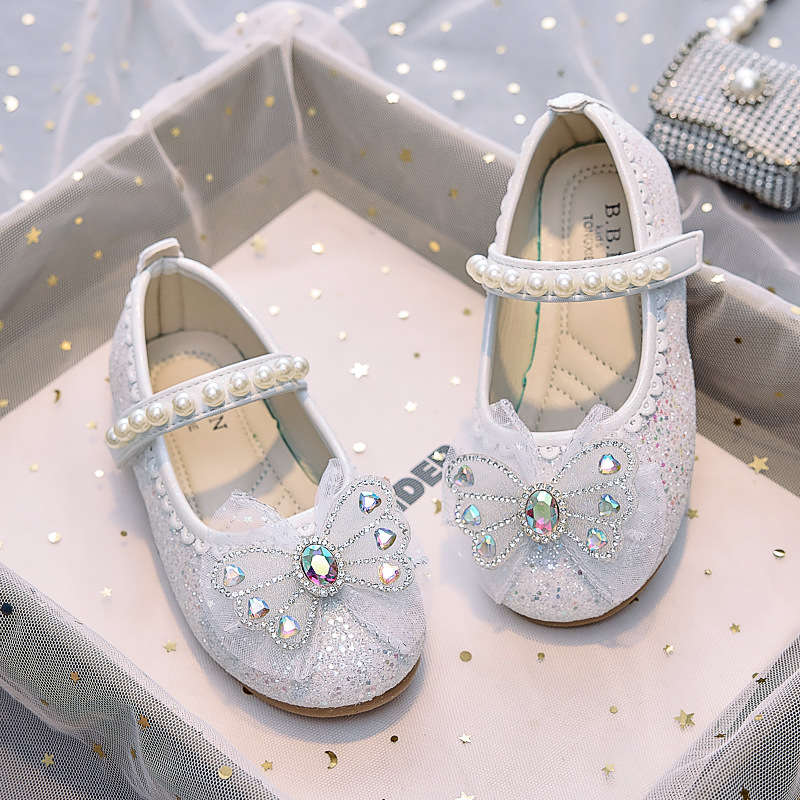Girls Elsa Princess Shoes 2025 New Korean Style Bow Little Girl Soft Sole Shoes Pearl Crystal Leather Shoes