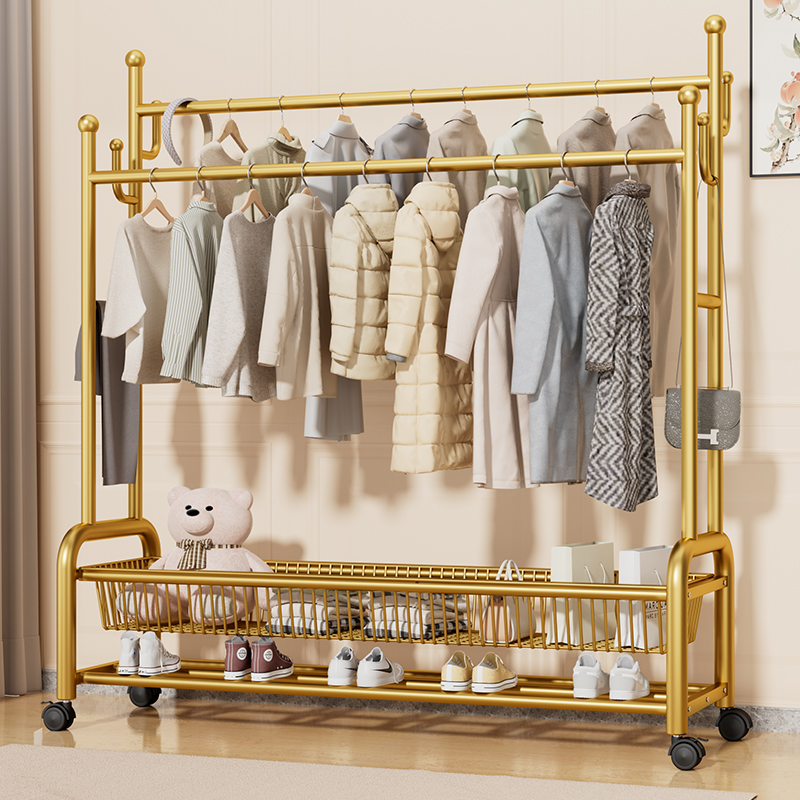 Hanger Floor-Standing Bedroom Thickened Clothes Rack Indoor Household Room Clothes Shelf Floor-Standing Double-Pole Coat Rack
