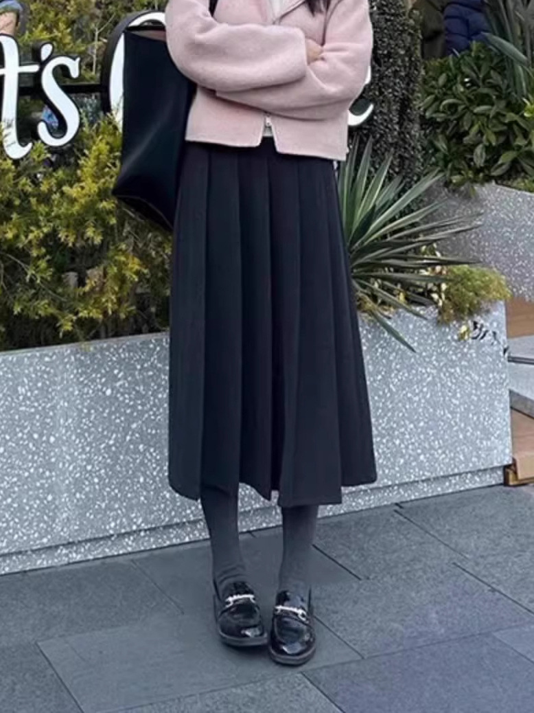 Pregnant Women's Spring Autumn and Winter Belly-supporting Skirt Loose plus size Slimming High Waist Hip Covering A- line Wool Pleated Skirt Mid-length