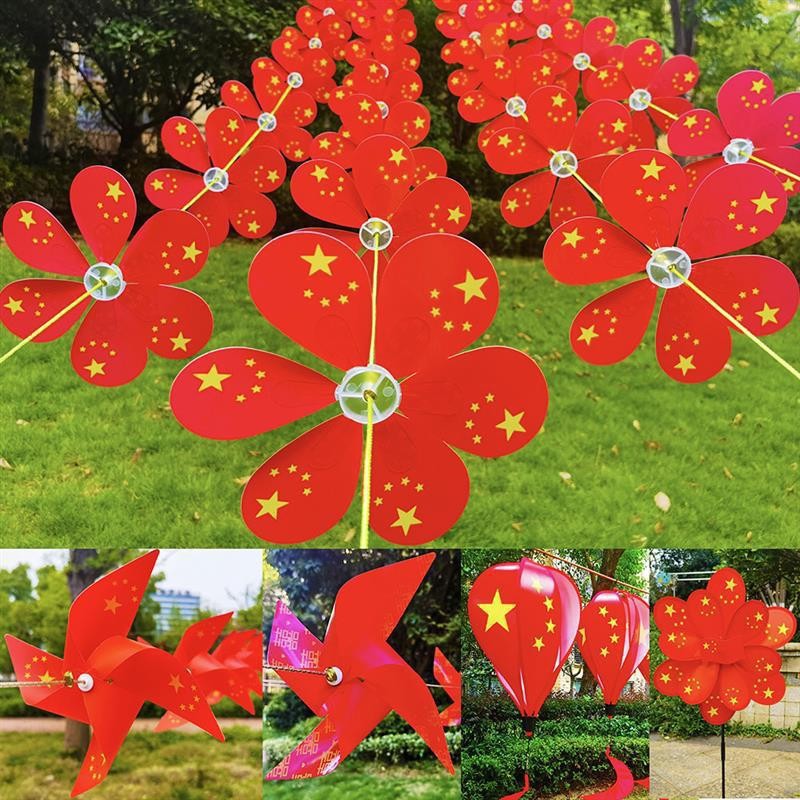 Hot sale red flag windmill eleven national day double six leaf national flag windmill decoration children's toy windmill stall wholesale