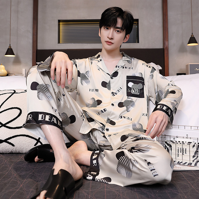 Men's Pajamas Men's Spring and Autum 2025 New Ice Silk Long-Sleeved Youth Large Size Can Be Worn Outside Home Clothes Set