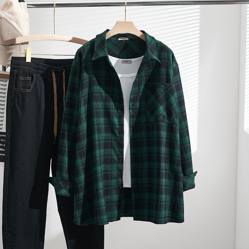 Spring and Autumn chubby girl extra large size Korean style loose brushed plaid shirt 240kg plus size plus size long sleeve top S5214