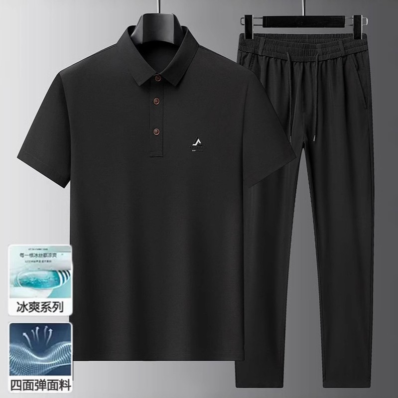 Summer Ice Silk Stretch Seamless Men's Polo Shirt Set Thin Short Sleeve Turn-Down Collar Middle-Aged T-Shirt Business Casual