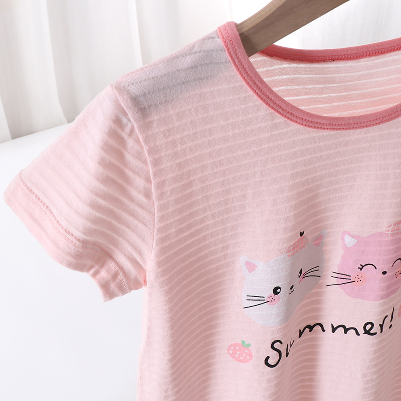 Girls' Nightgown Slub Cotton Short Sleeve Summer Thin Breathable Baby Girl Pajamas Parent-Child Home Clothes Air-conditioning Clothes New