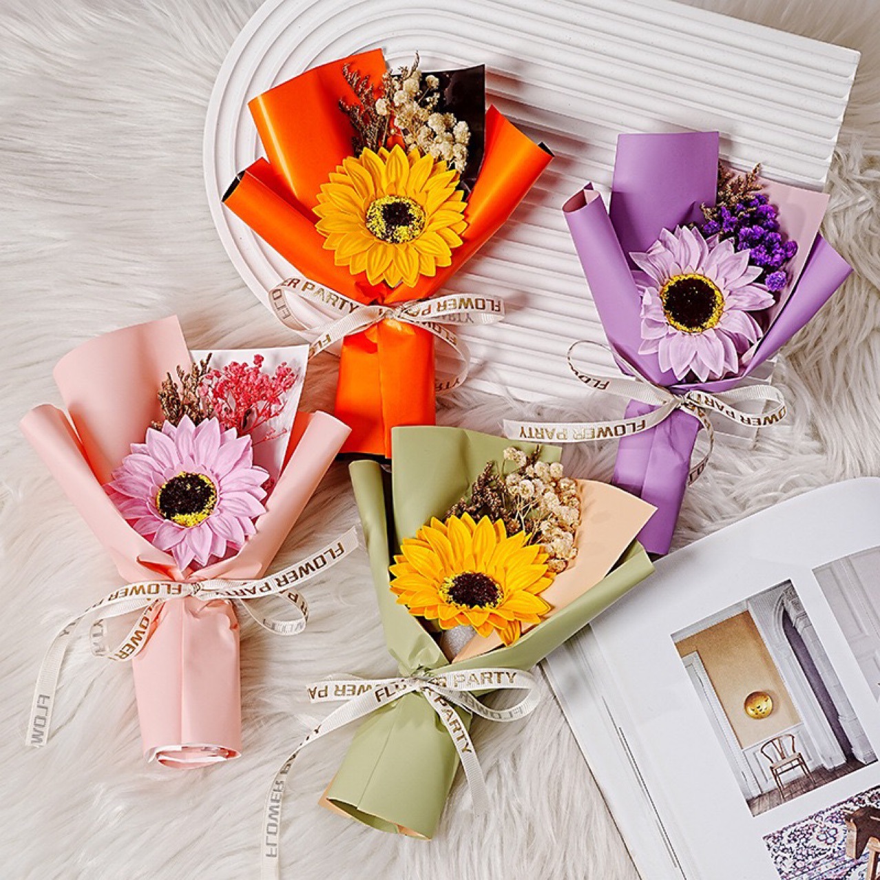 Мини-букет подсолнухов, сухие цветы, мыльная роза, набор подарков на День учителя