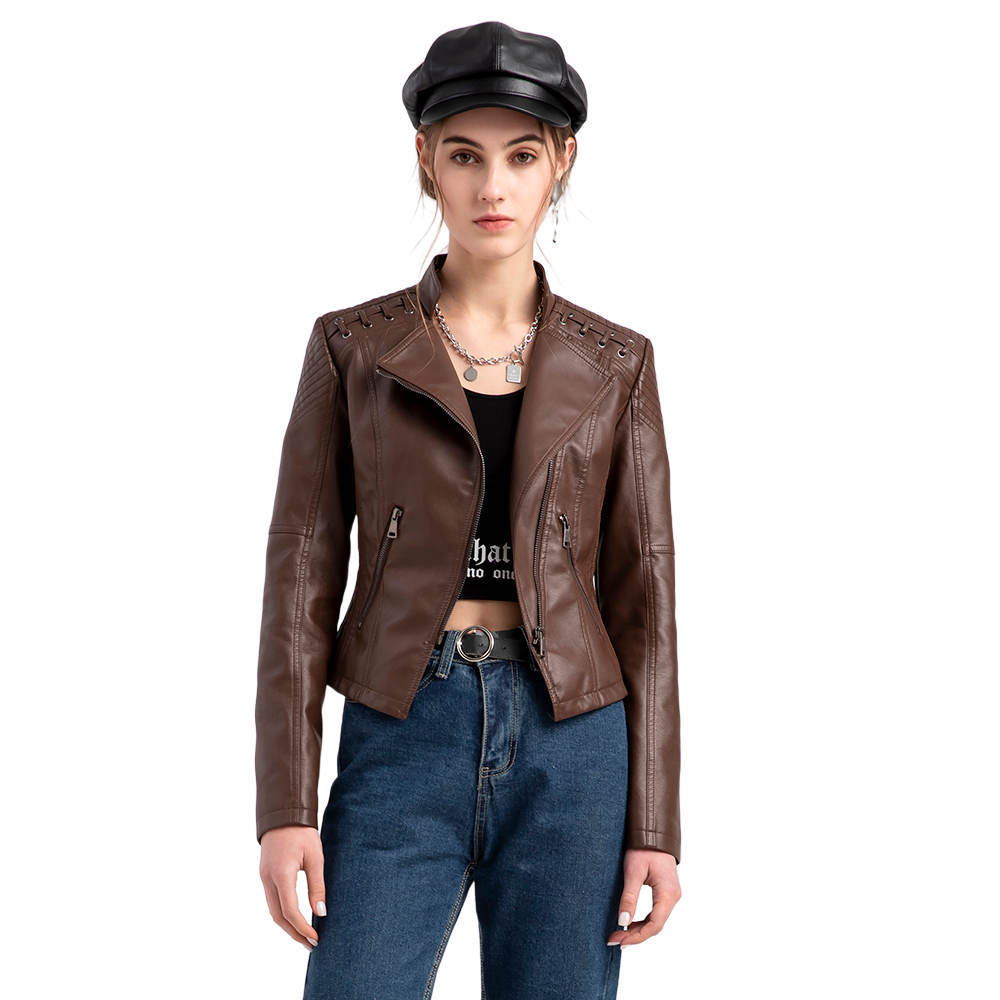 2023 Cross-Border European Size New Spring and Autumn Women's Leather Jacket Women's Short Jacket Slim Thin Leather Jacket Women's Motorcycle Wear