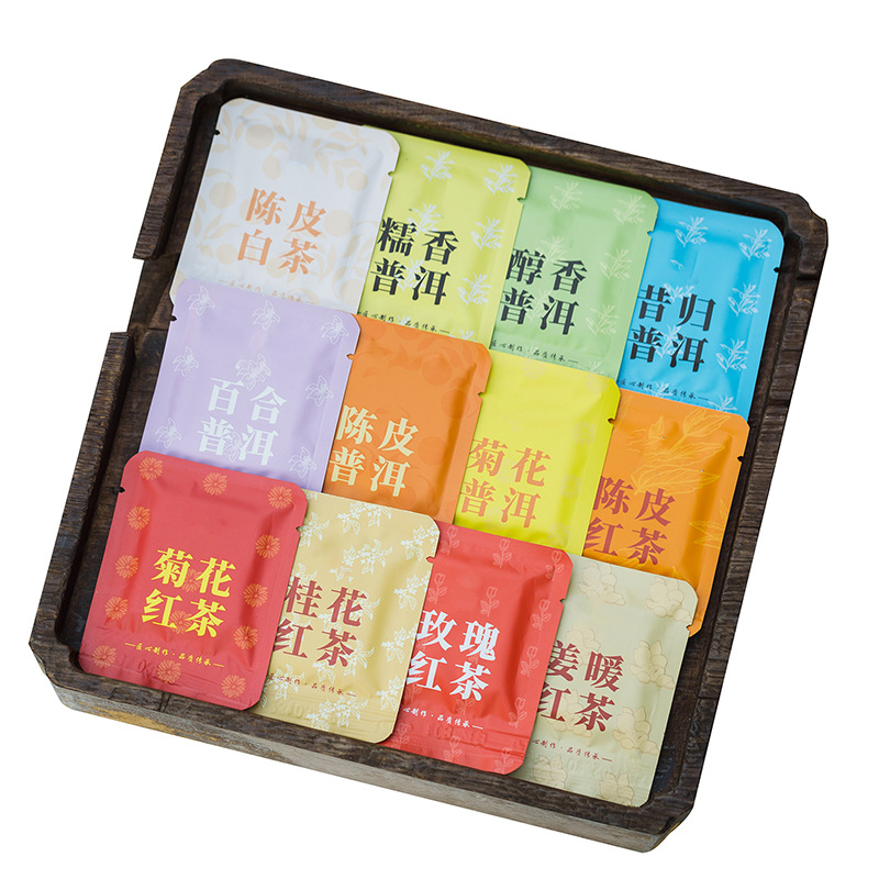 Flower Tea Bags Individually Packaged Chrysanthemum Tea Yunnan Tangerine Peel White Tea 12 Flavors Pu'Er Tea Small Square Slices Biscuits Tea Wholesale