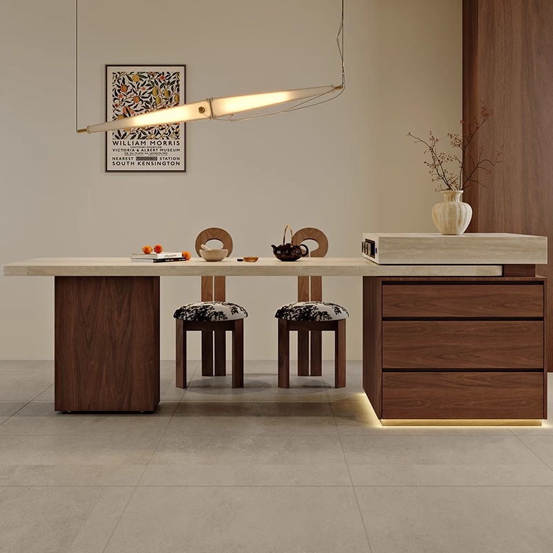 French-Style Vintage Travertine Multifunctional Retractable Island Dining Table with Induction Cooker for Home and Guest Dining Room