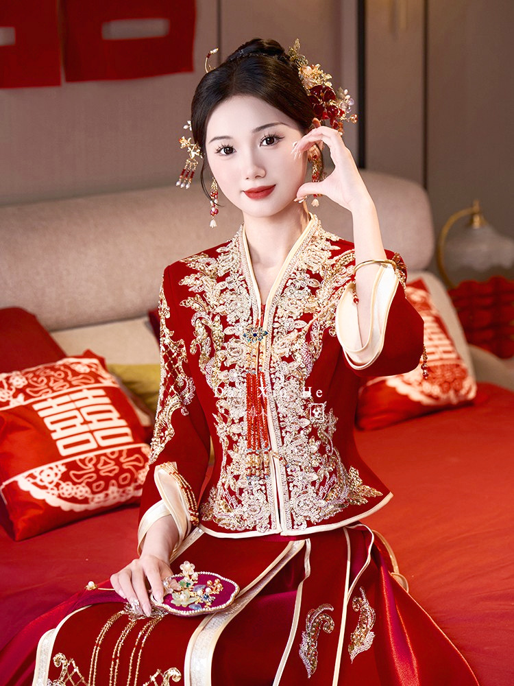 Невесте 2024, маленькое бархатное платье с V-образным вырезом, новое свадебное платье с низким воротником, китайский стиль