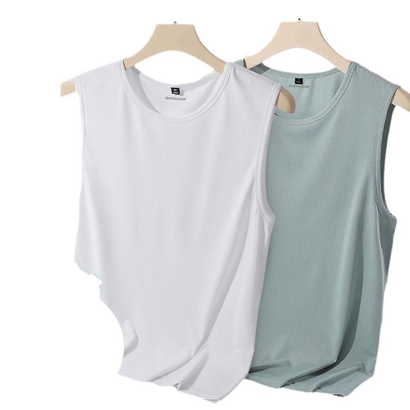 Trendy Men's Round Neck Vest Summer Thin Breathable Quick-Drying Mesh Sleeveless T-Shirt Large Size Loose Hurdle Sports Sleeves