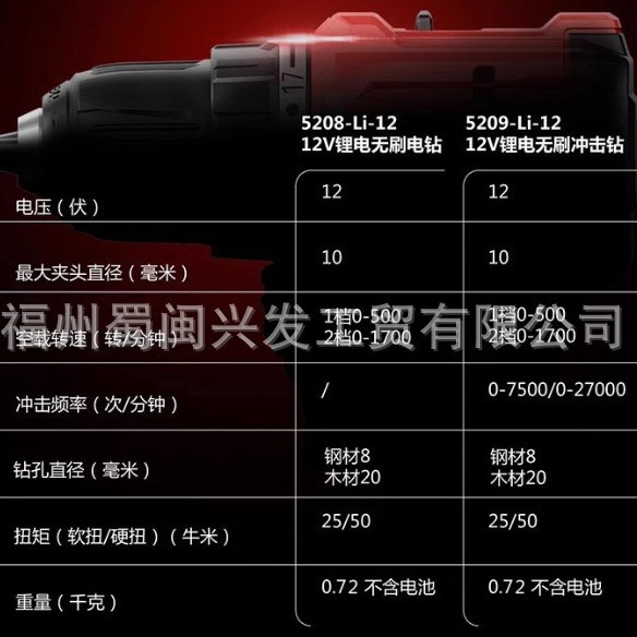 Dayou 12V Electric Drill 5208/5209 Impact Electric Drill Small Steel Cannon Brushless Lithium Battery Multi-Function Rechargeable Electric Drill