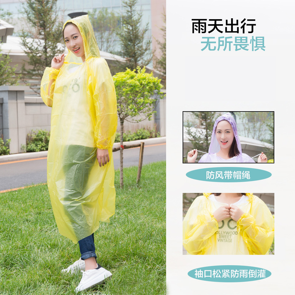 Disposable Raincoat 60g Wholesale in Stock Raincoat Manufacturer Thickened 3-Thread Hood with Cuffs Elastic Band Hood Rope Pe Raincoat
