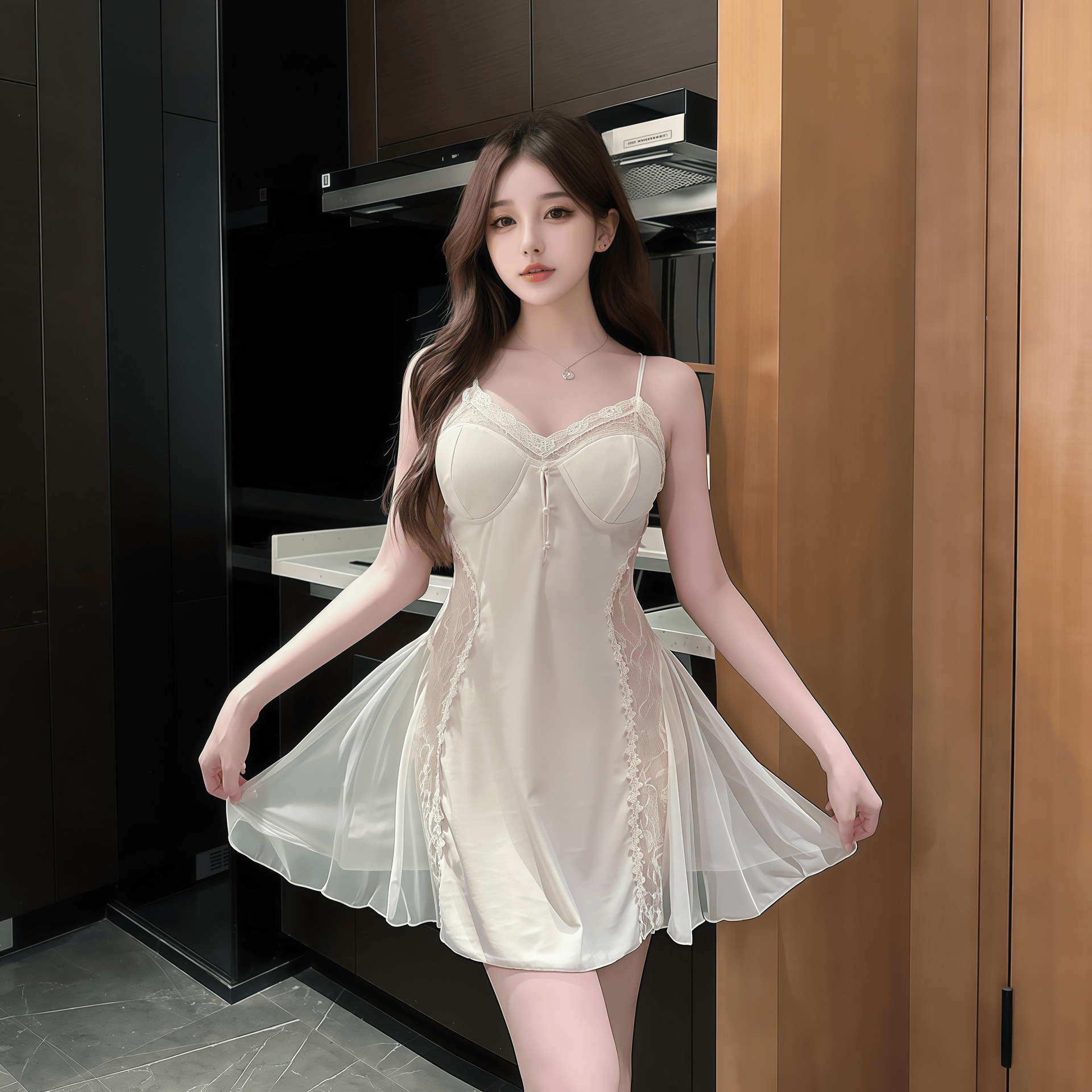 Drunk Cellar plus size Sexy Nightgown Pearl Lace Sling Ice Silk Perspective Dipped Home Clothes Pure dress