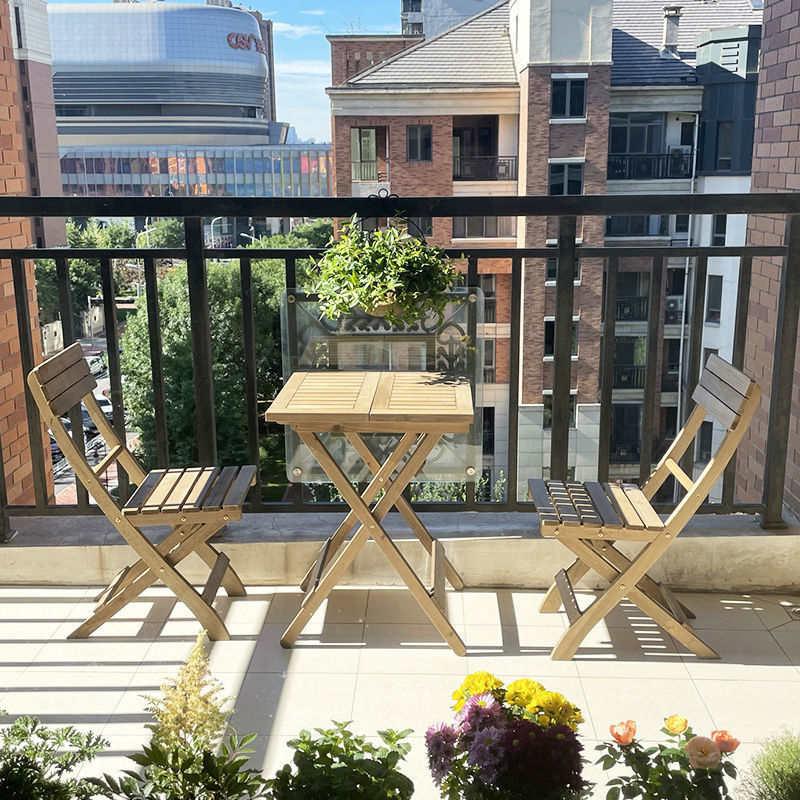 Balcony Folding Table and Chairs, Leisure Tea Table, Small Apartment Three-Piece Set, Trendy One Table and Two Chairs, Solid Wood Small