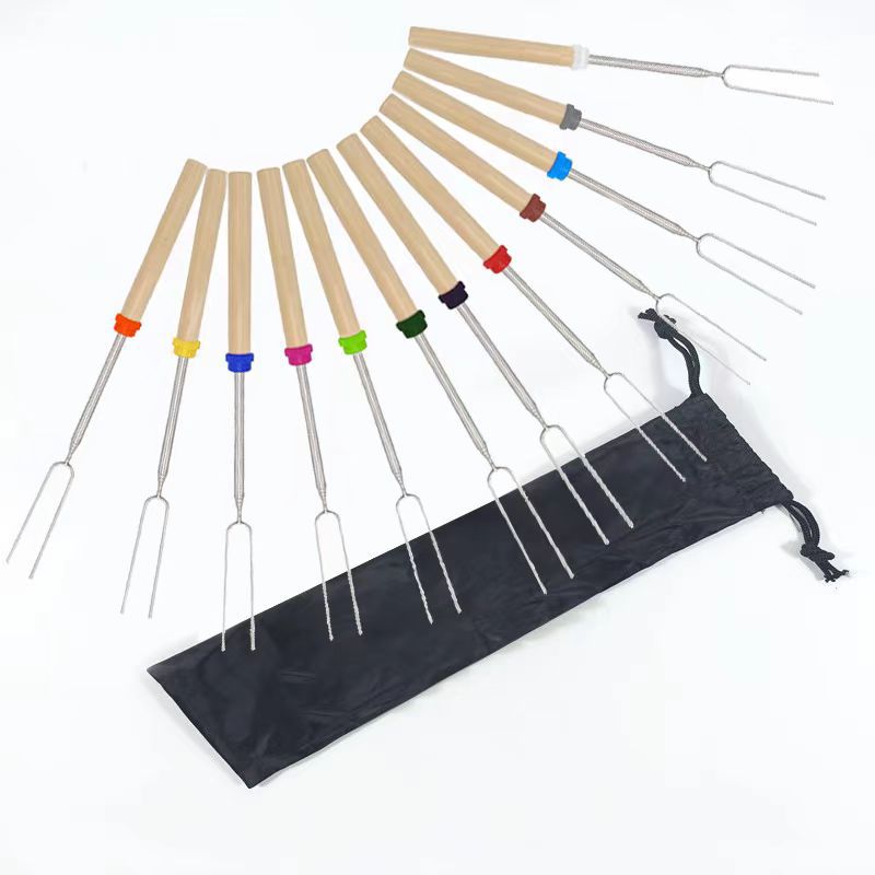 Color Outdoor BBQ Stainless Steel Telescopic Barbecue Fork 12 Color Bag Set Barbecue Fork Set Wooden Handle Telescopic Fork