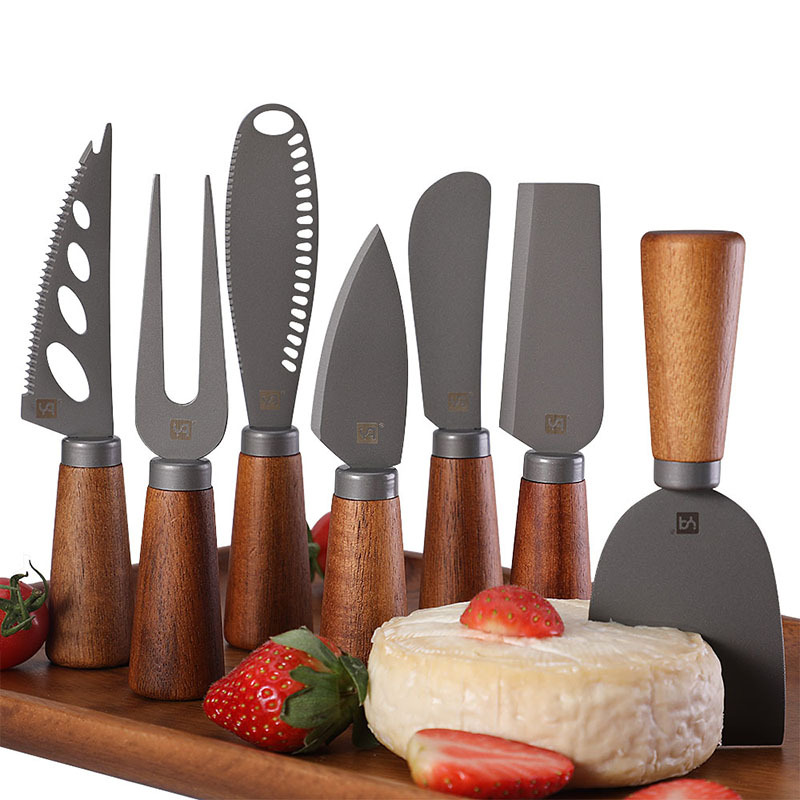 Cross-border in stock high quality cheese tool Acacia wooden handle cheese knife and fork shovel stainless steel butter knife cheese knife