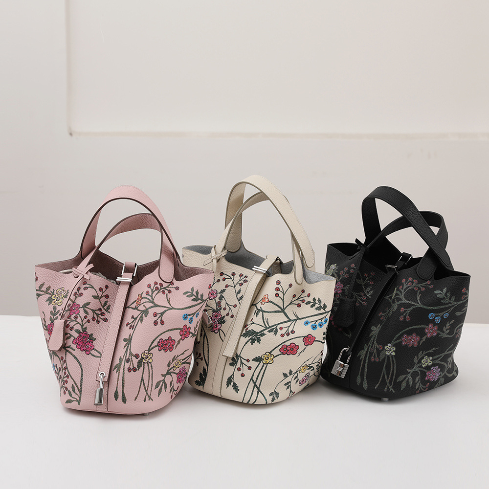 Top Layer Togo Cowhide Painted Vegetable Basket Women's Handbag Genuine Leather Leaf Women's Bucket Bag