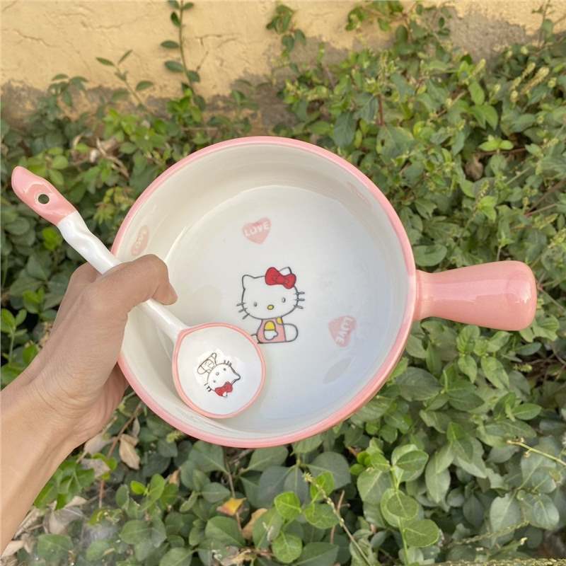 Trendy Ceramic Tableware Hello Kitty Dormitory Home Single-Person Dining Bowl Plate Spoon Baking Bowl High-Value Three-Piece Set