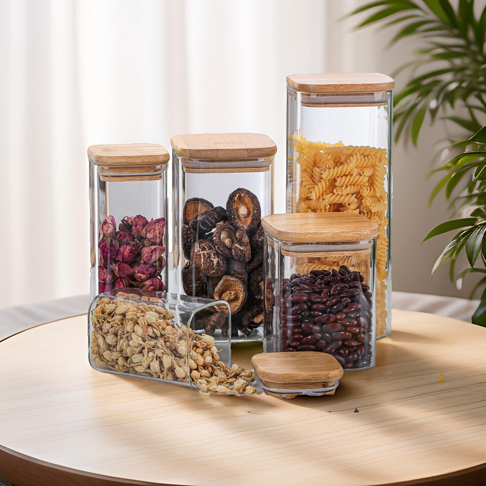 ✅ High Borosilicate Glass Storage Jar Kitchen Storage Bottle Tea Cereal Candy Bamboo Wood Lid Sealed Jar Bamboo Lid Storage