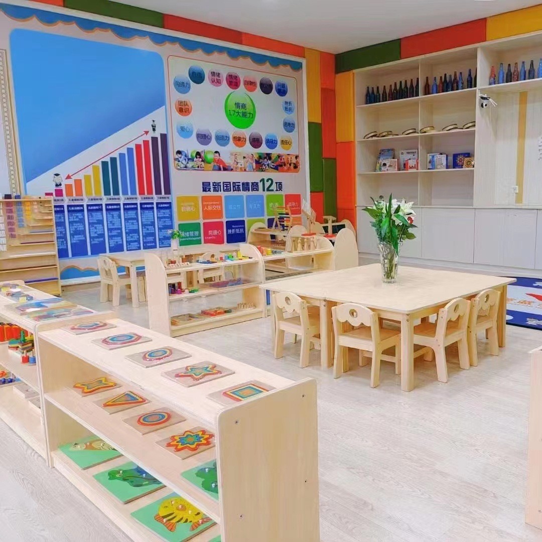 Kindergarten Nursery Center Early Education Classroom Layout Area Corner Cabinet Montessori Teaching Aids Cabinet Toy Storage Rack Solid Wood Table and Chairs