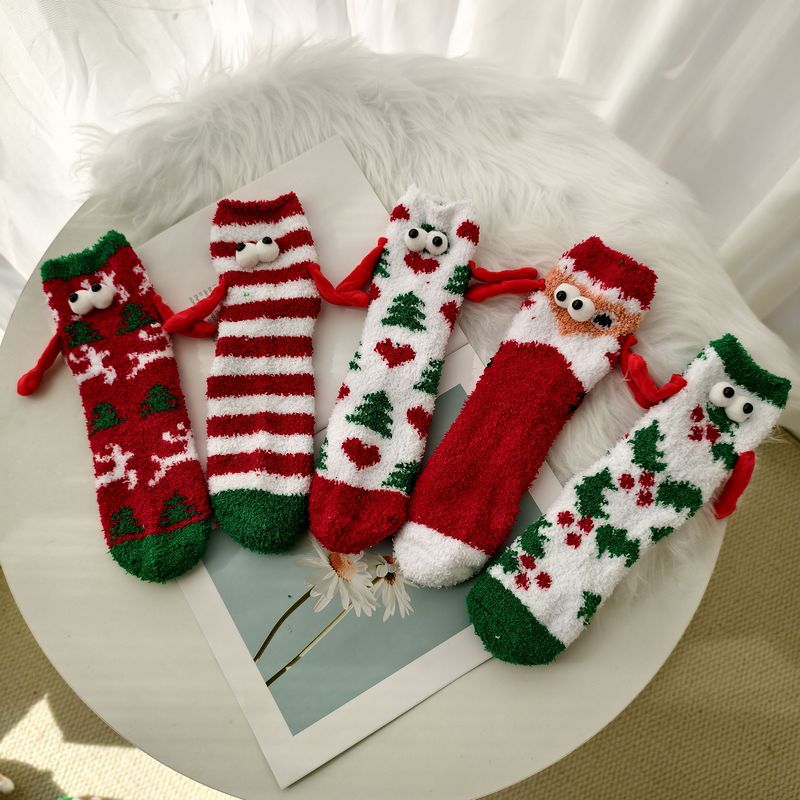 Hand-in-hand Christmas Socks Coral Fleece Winter Thickened Warm Mid-tube Socks Women's Cartoon Cute Sleep Socks Cross-border Socks