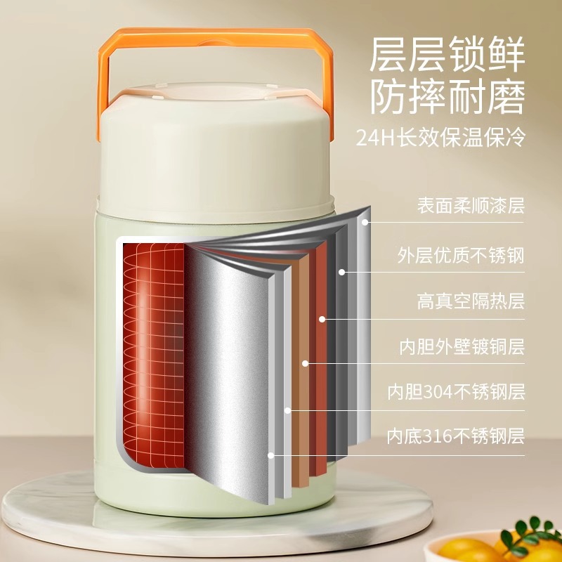 New Winter Fresh-Keeping and Insulated 316 Stainless Steel Stew Beaker, Portable Handle, One-Click Press and Exhaust Insulated Lunch Box Bucket
