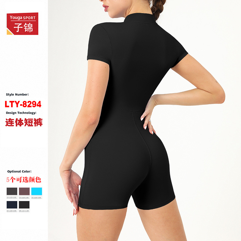 Summer Zipper Short-Sleeved One-Piece Yoga Shorts for Women Dance Fitness Tight Sports Jumpsuit Shorts 8294