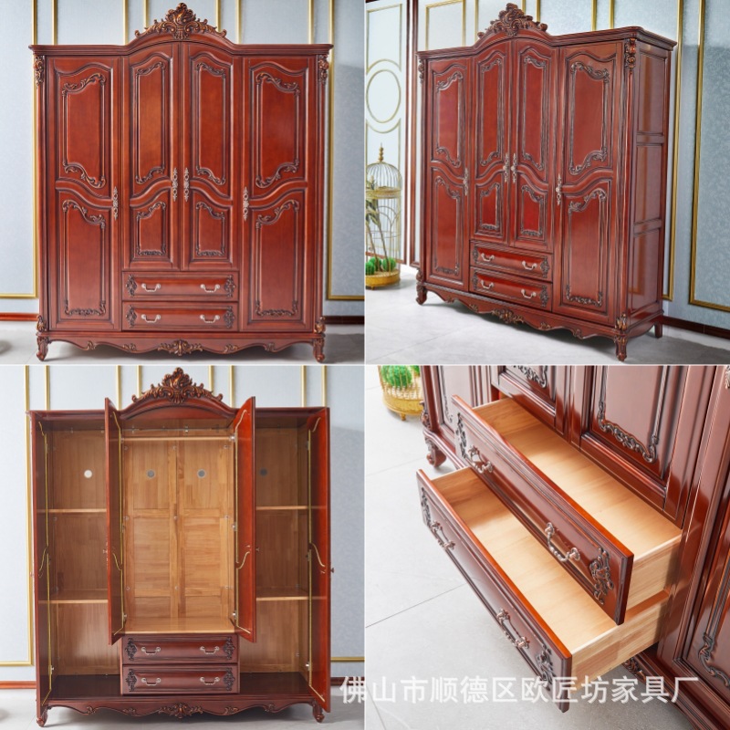 European-style leather double bed solid wood leather bed master bedroom double bed wedding bed French bed four-door wardrobe European-style dressing table