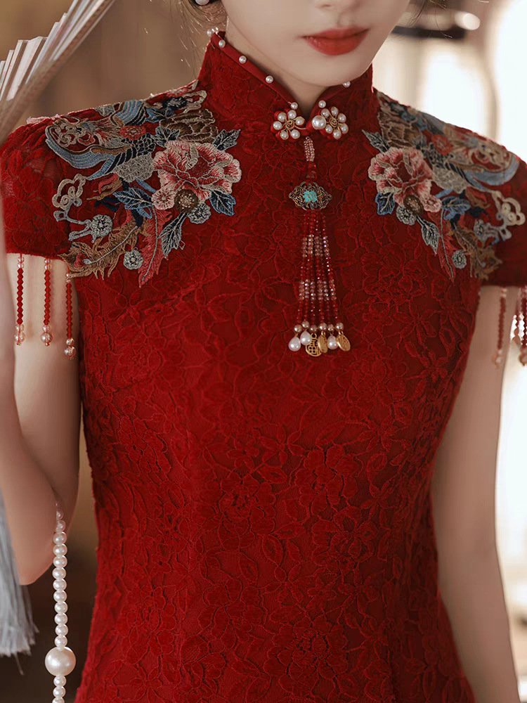 Cheongsam Toast Dress Bride wine red Small Engagement Dress dress New Chinese Style Beautiful Wedding Girl