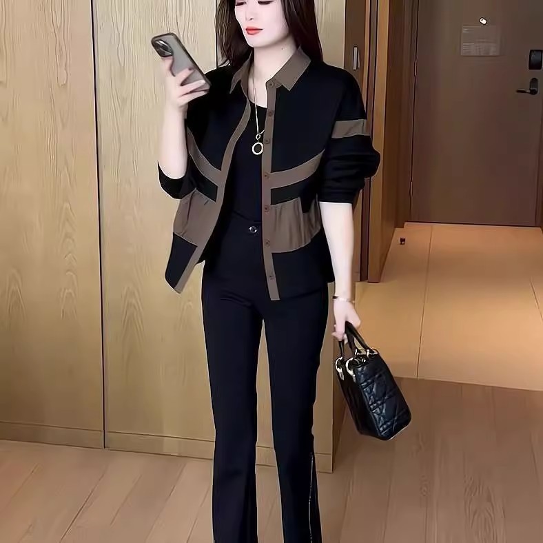 Cross-border Spring and Autumn New Loose Slim Contrast Women's Thin Coat Top Polo Collar Stitching Fashionable Age-reducing Jacket