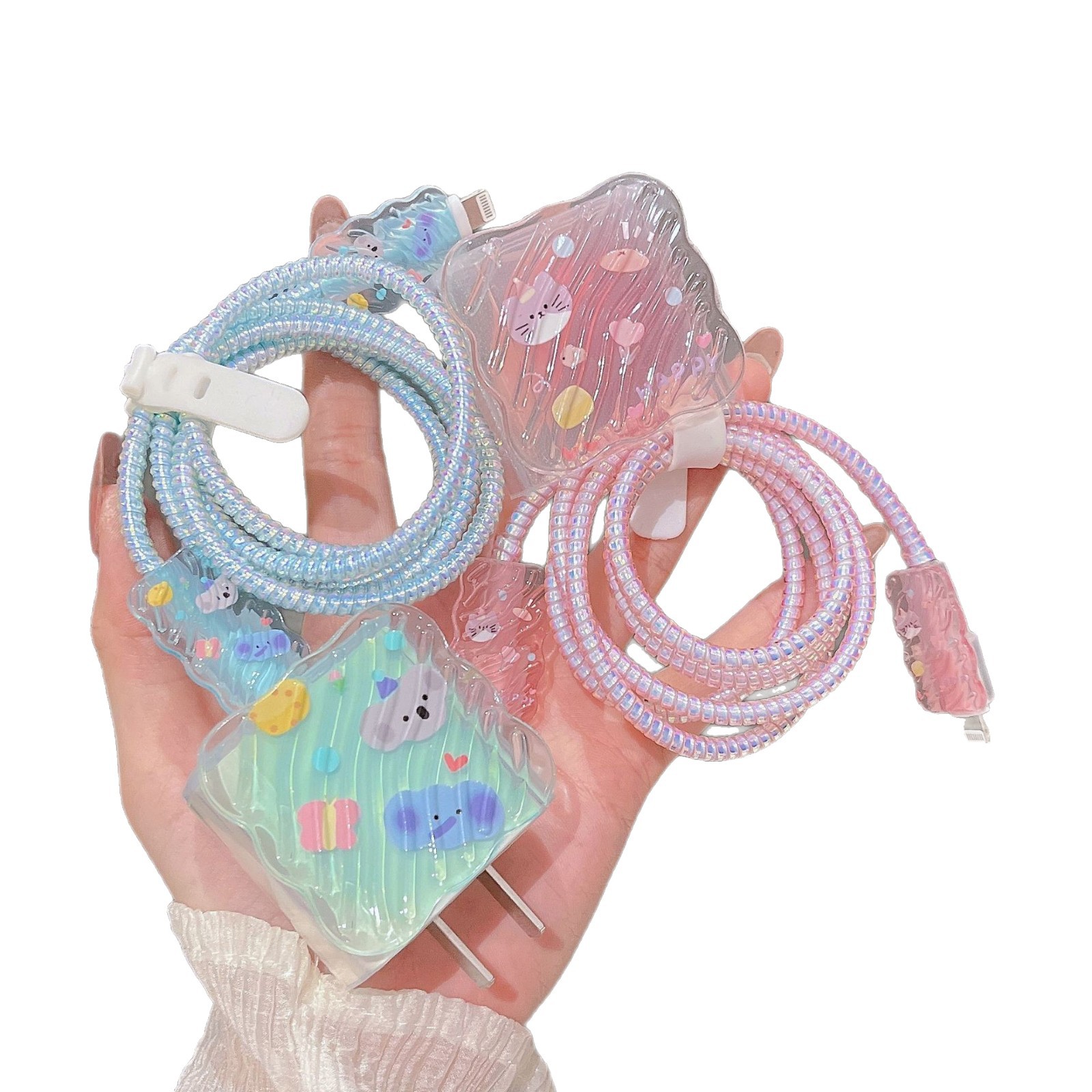 Suitable for Apple Charging Head Cover Protective Cover 20W Data Cable Charger Protective Cover Anti-Break Cartoon Pink Wave