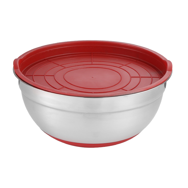 Factory wholesale stainless steel egg basin thickened with lid non-slip color silicone bottom with scale baking salad bowl