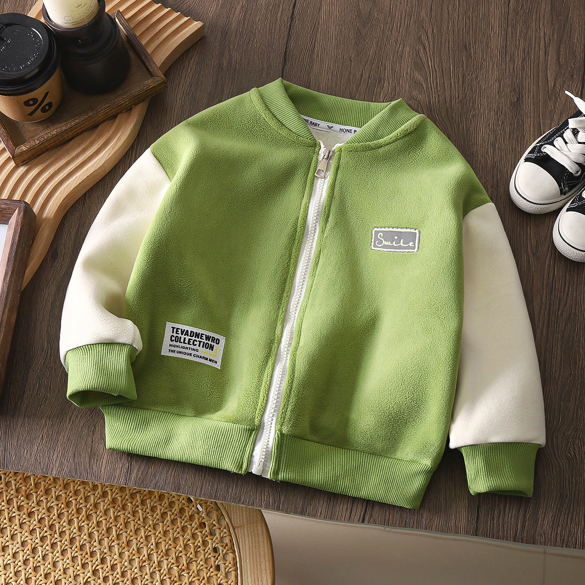 Korean style children's Olympic fleece jacket men's and women's medium and big children's spring and autumn winter long sleeve thickened warm stand collar outer wear top