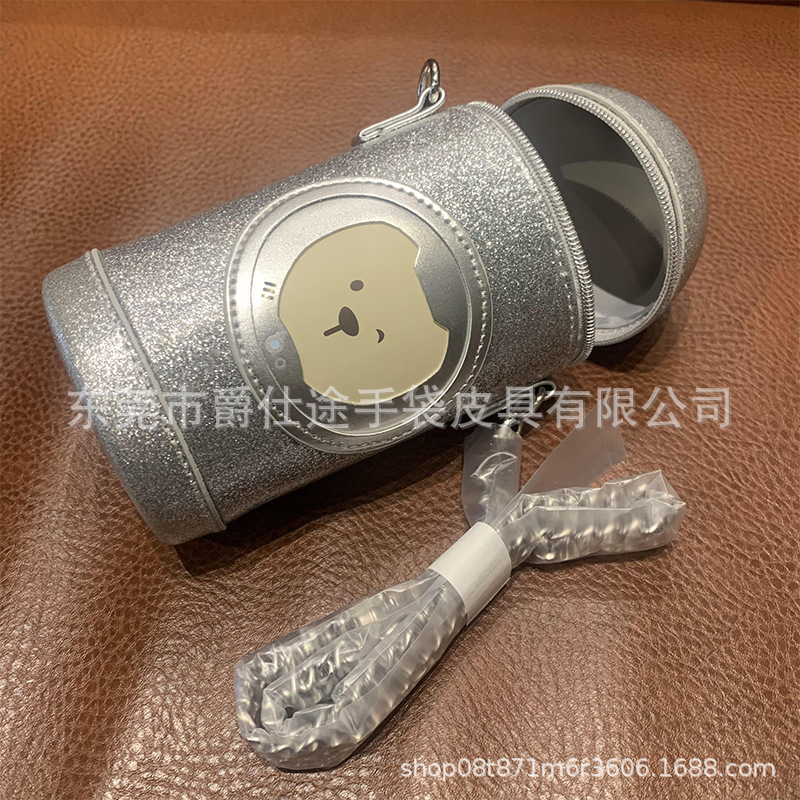 Korean Style Creative Pu Water Cup Cover, Trendy Silver Diagonal Cup Cover Bag, Cute Bear Factory Customized Pu Water Cup Cover