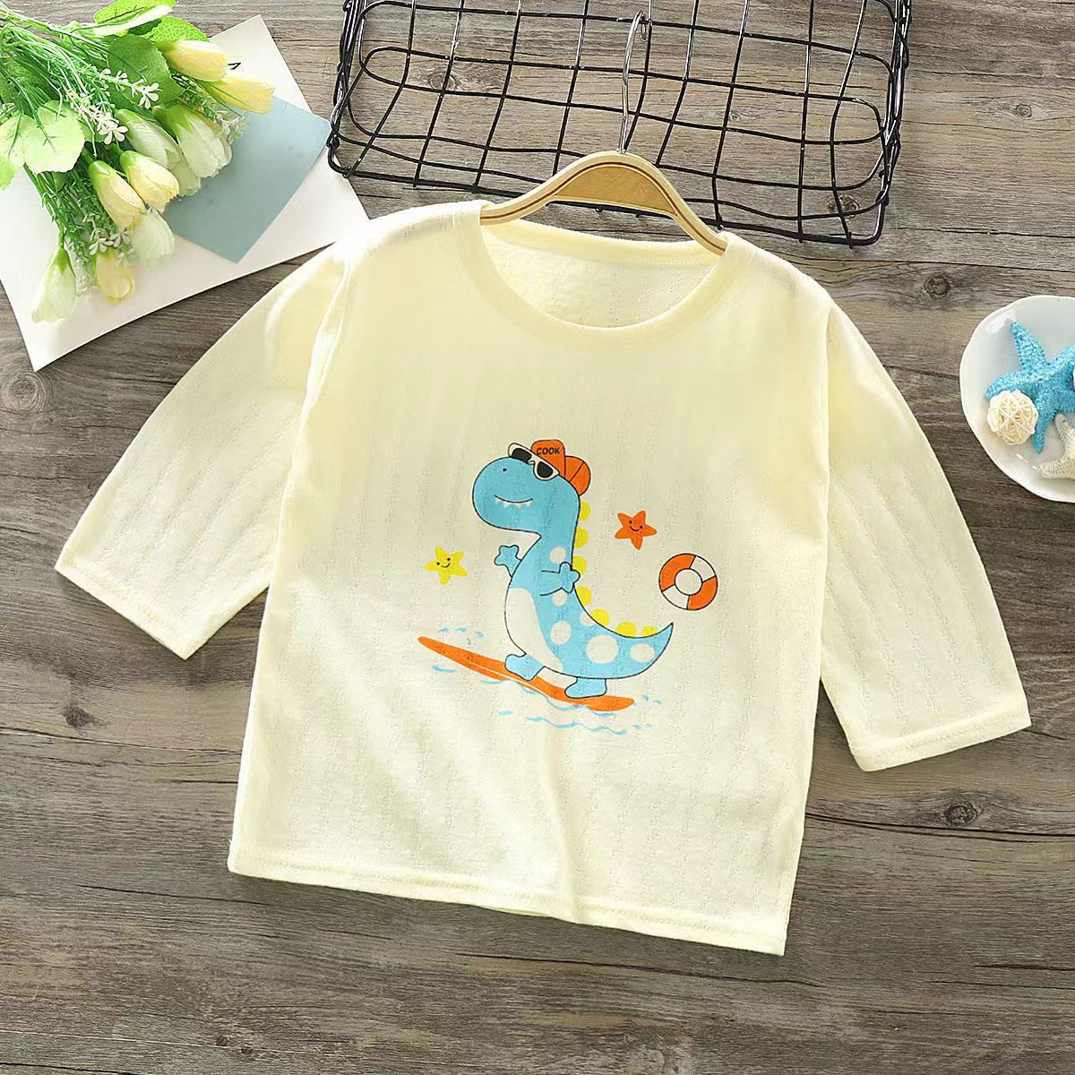 Летняя одежда для новорожденных, тонкий хлопковый топ, пижама, девять четвертей рукава, одежда для кондиционера, весна и осень для мальчиков и девочек