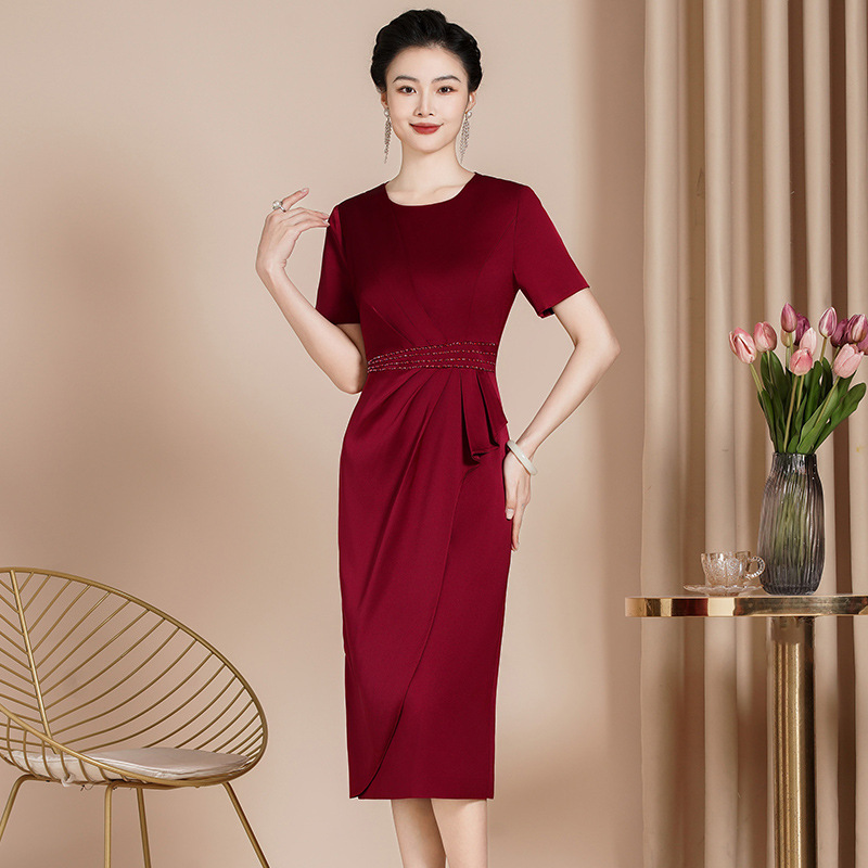 Middle-aged Women's Cheongsam Skirt Summer Mid-length Skirt Western-style Short-sleeved Waist Small Mother's Slimming dress