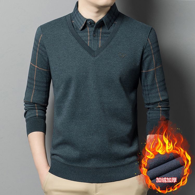 Dad's Fake Two-piece Sweater Men's Winter fleece-lined Thickened Base Shirt Men's Middle-aged Shirt Collar Warm Top