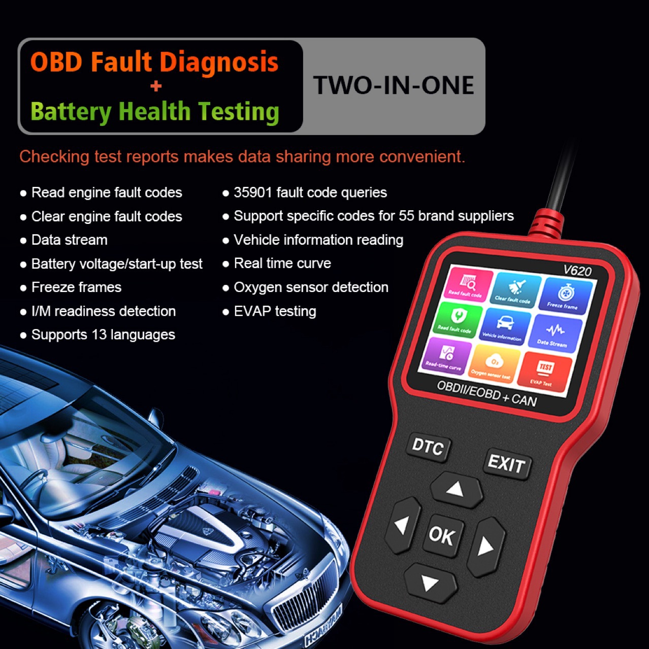 Новый экспортный оптовый портативный многофункциональный диагностический инструмент для автомобилей, считыватель кодов V620 с большим цветным экраном 2.8, горячая модель оптовой продажи