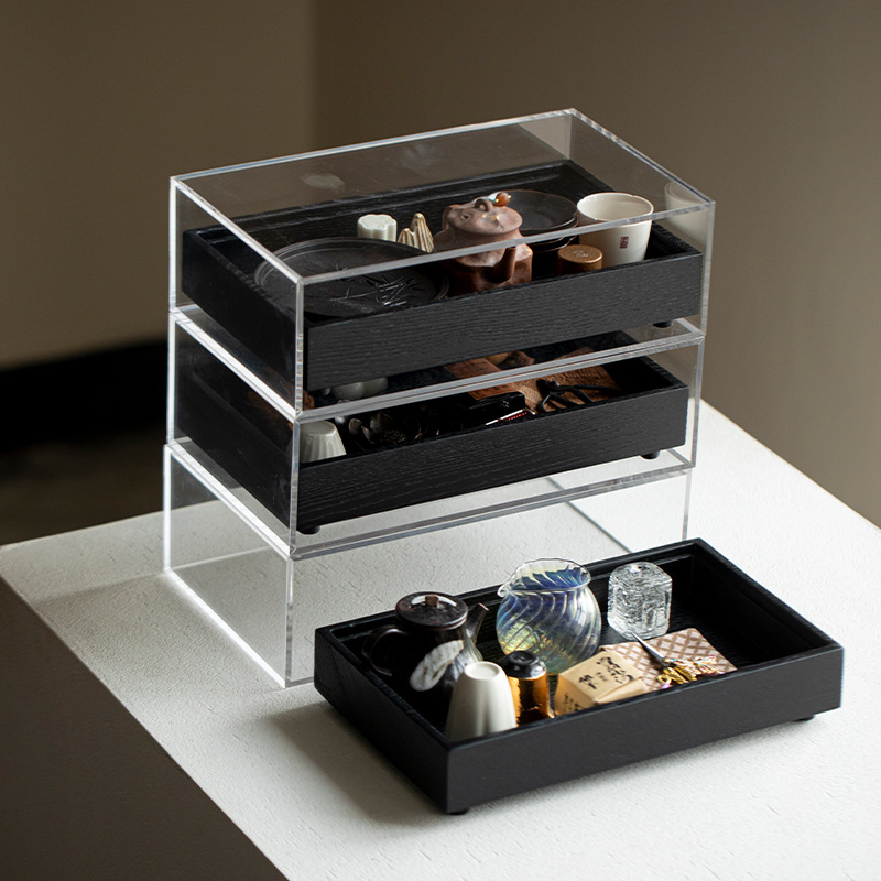 Solid Wood Multi-Layer Tea Set Storage Box Acrylic Tea Cabinet Teapot Jewelry Storage Box Display Cabinet
