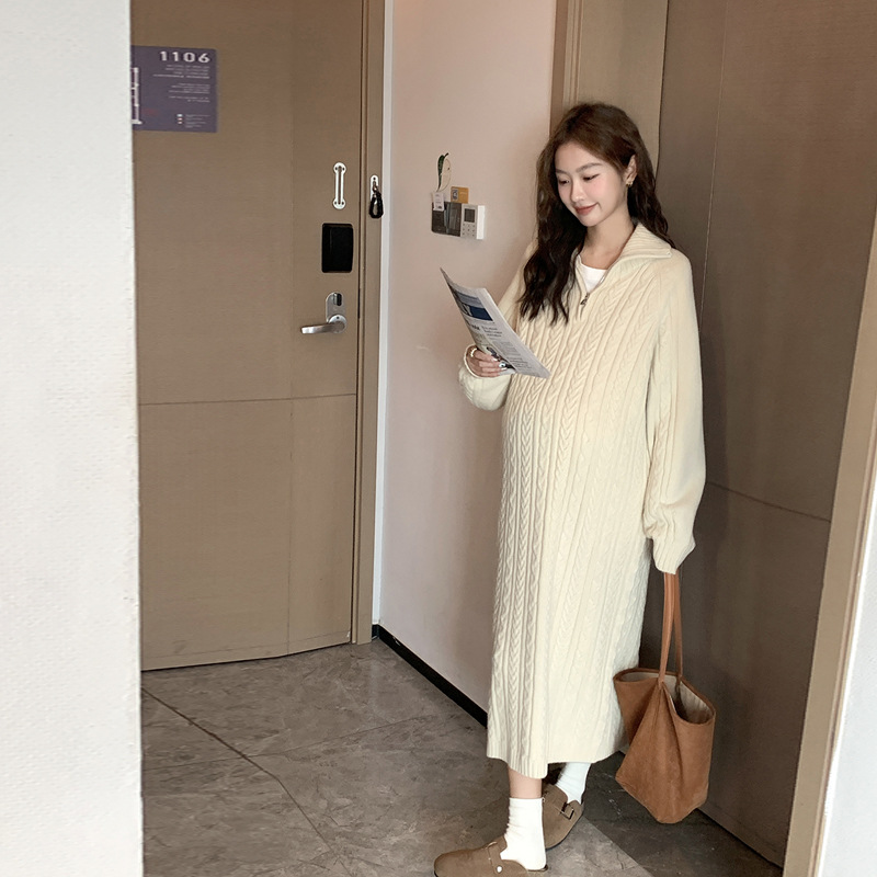 Autumn and Winter New Maternity Wear Korean Style Long Maternity Sweater Skirt Half Zipper Twist Long Skirt Casual Slimming Look Half Turtleneck