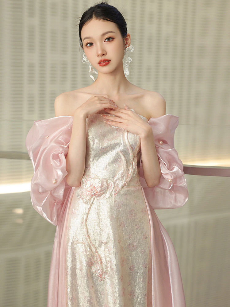 Pink Super Fairy Bride Morning Robe Dinner Banquet Engagement Dress Light Luxury Strapless Art Examination Dowel Style Toast Dress