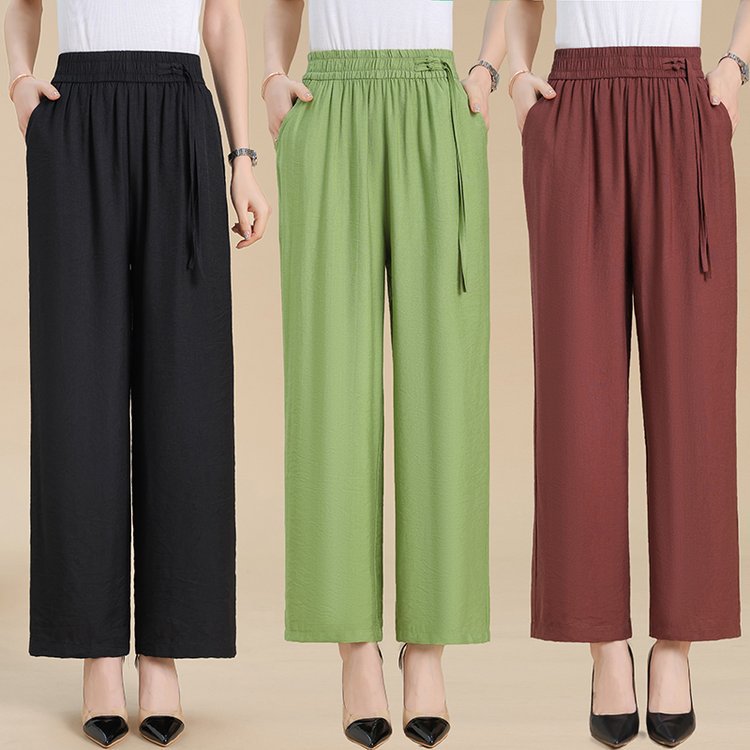 Летние новые прямые брюки для мам, из льняного шелка, высокая талия, универсальные, однотонные