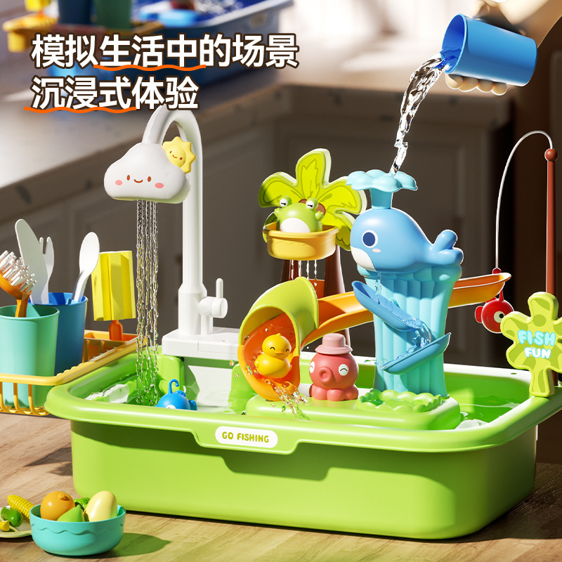 Cross-Border Children's Electric Circulating Water Dishwasher Kitchen Washbasin Set Play House Fishing Duck Water Toy